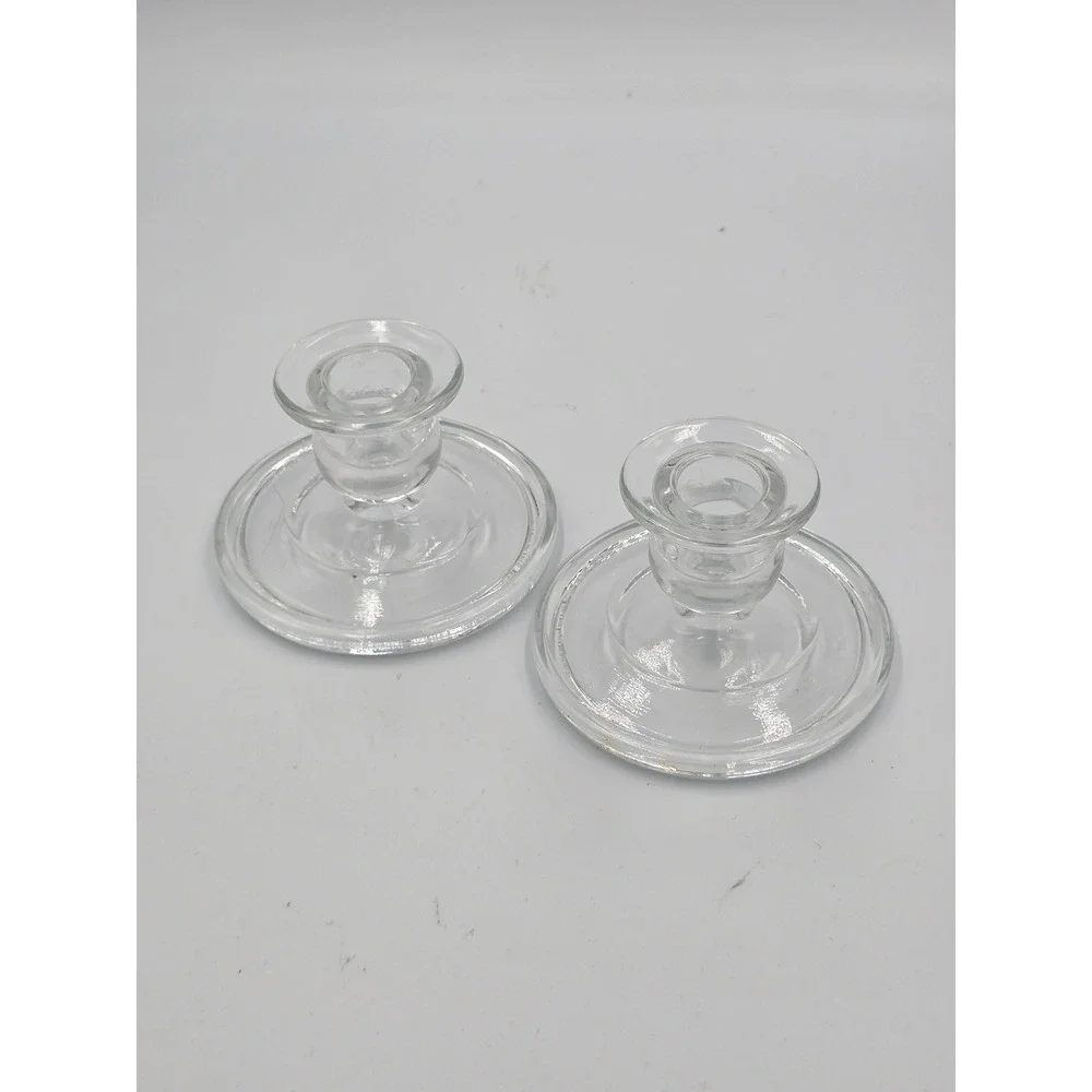 Vintage Clear Glass Taper Candlestick Holders Pair Low Profile Round Base 3.5in